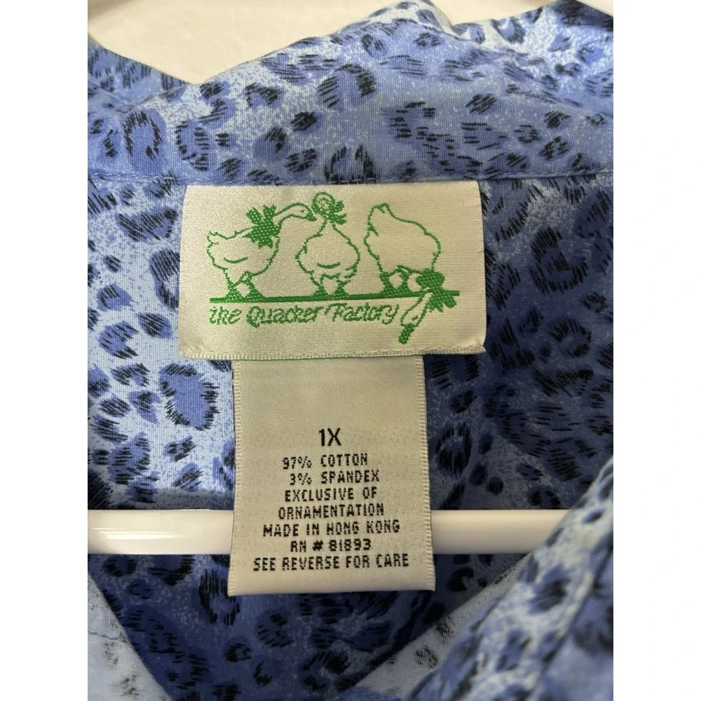 Quacker factory Button Up Shirt With Rinestones Sz XL‎ Blue Animal Print Cotton